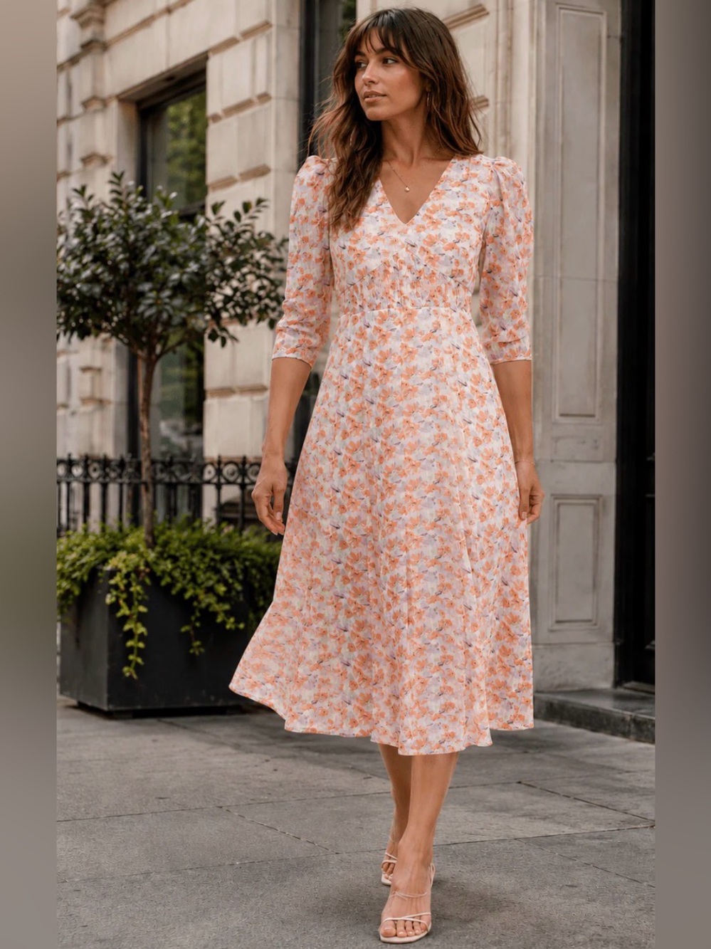 WOMEN'S 3/4 SLEEVELES V-NECK FLORAL MIDI DRESS